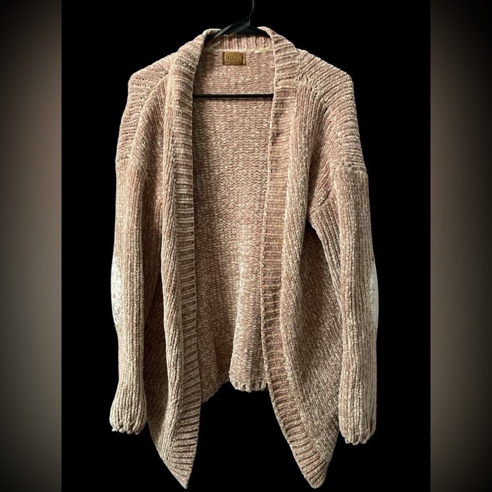 POL Oversized Chunky Chenille Cardigan Women’s Sz 8 Pink Long Sleeves Elbow Patc